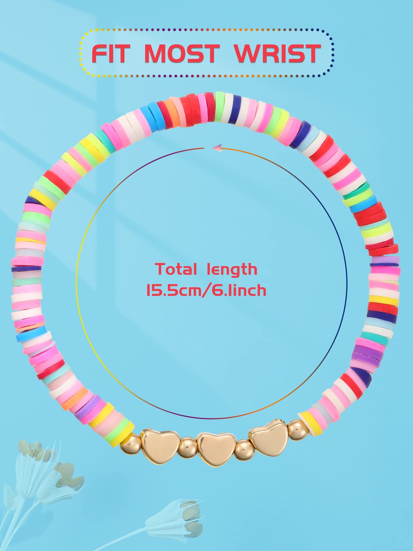 Sureio 24 Pcs Colorful Friendship Bracelets Letter Heart Smile Bracelets Surfer Bracelets Stretch Beaded Kids Bracelet for Girls