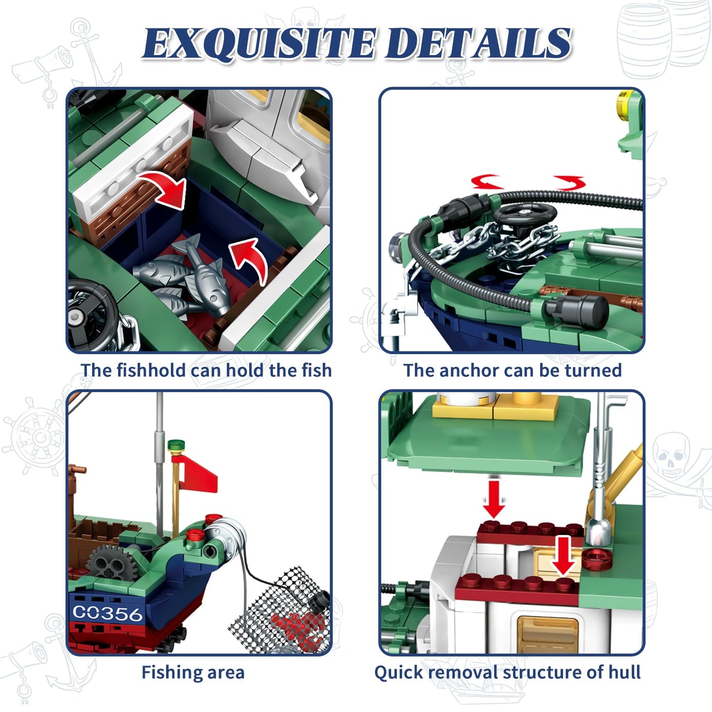Wvinvw Fishing Boat Building Blocks Sets, Compatible With Lego Boat Sea Fishing Building Blocks Toy Set Collection Decoration, G