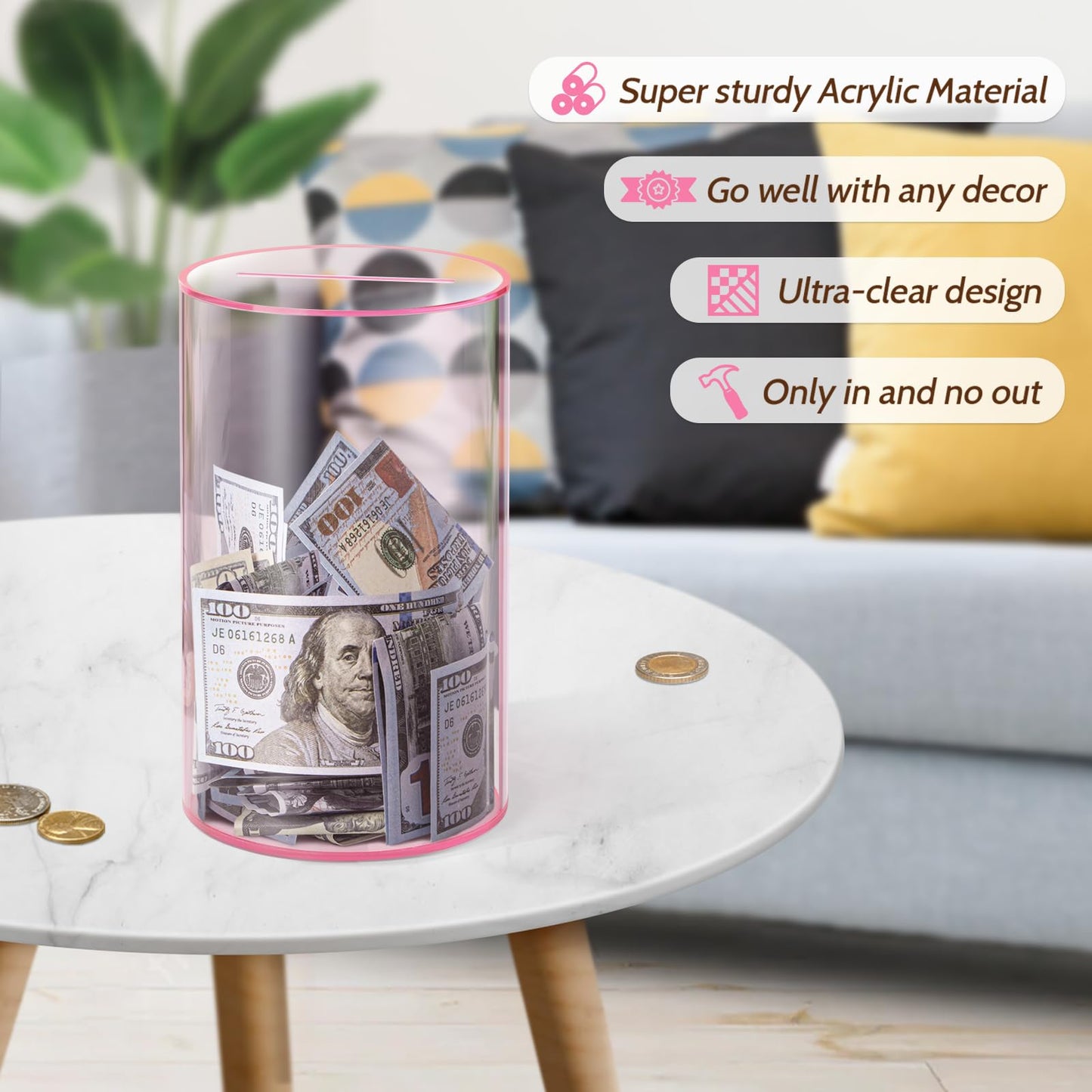 Hicocool Clear Piggy Bank For Adults Kids Must Break To Open, Pink Acrylic Piggy Bank Unopenable Money Savings Jar (8' H X 5' D)