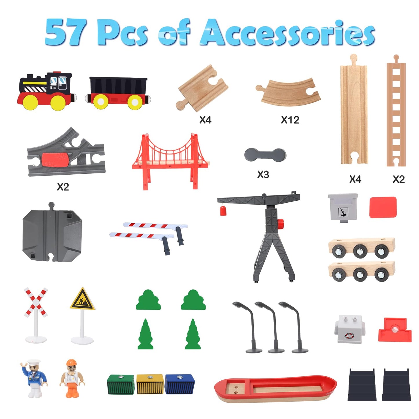 Wdmiya Wooden Train Set for Toddlers 57 Pcs Wooden Train Track for Kids Train Toy with Bridge and Tracks (Fits Thomas & Brio) Birthday Trains Gift for 2 3 4 5 6 7 8 Years Old (Harbor)