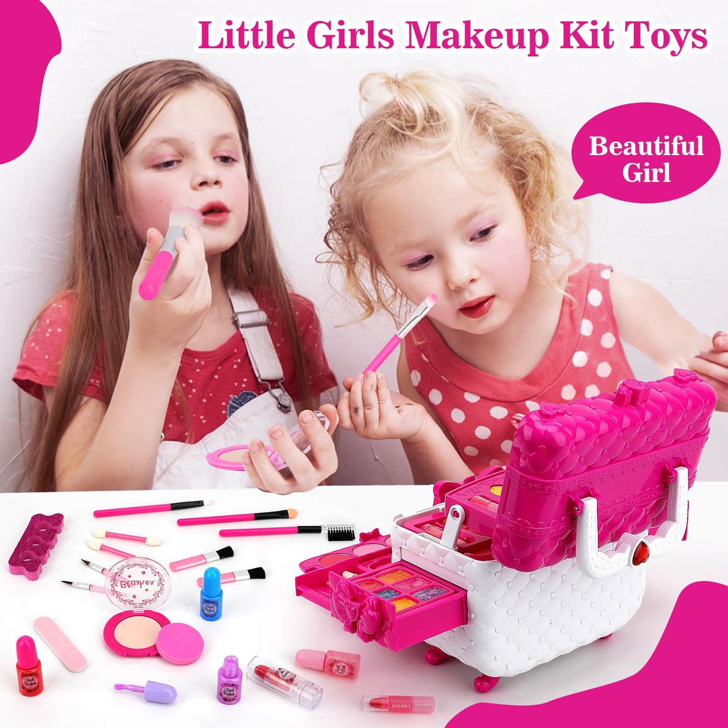 Aureyung Kids Makeup Kit for Girl, Toys for Girls Ages 3 4 5 6 7 8 9 10, 54PCS Washable Real Makeup Set, Kids Make Up, Play Make