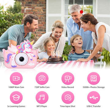 Envyvip Unicorn Digital Camera for Kids - HD 1080P, 32GB SD Card, Pink, Ages 3-8