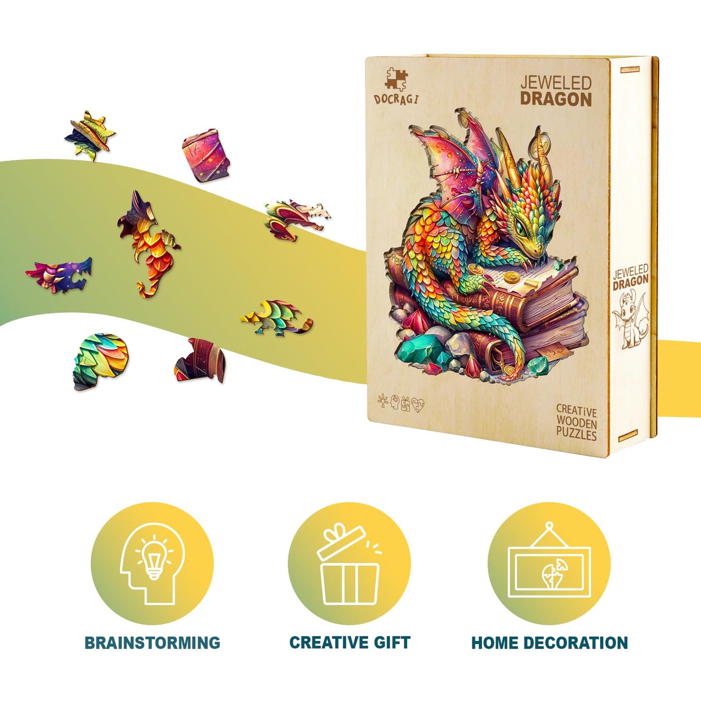 Wooden Puzzles For Adults - Unique Shaped Wooden Puzzles For Adults And Kids - Jeweled Dragon Wooden Jigsaw Puzzles - Christmas