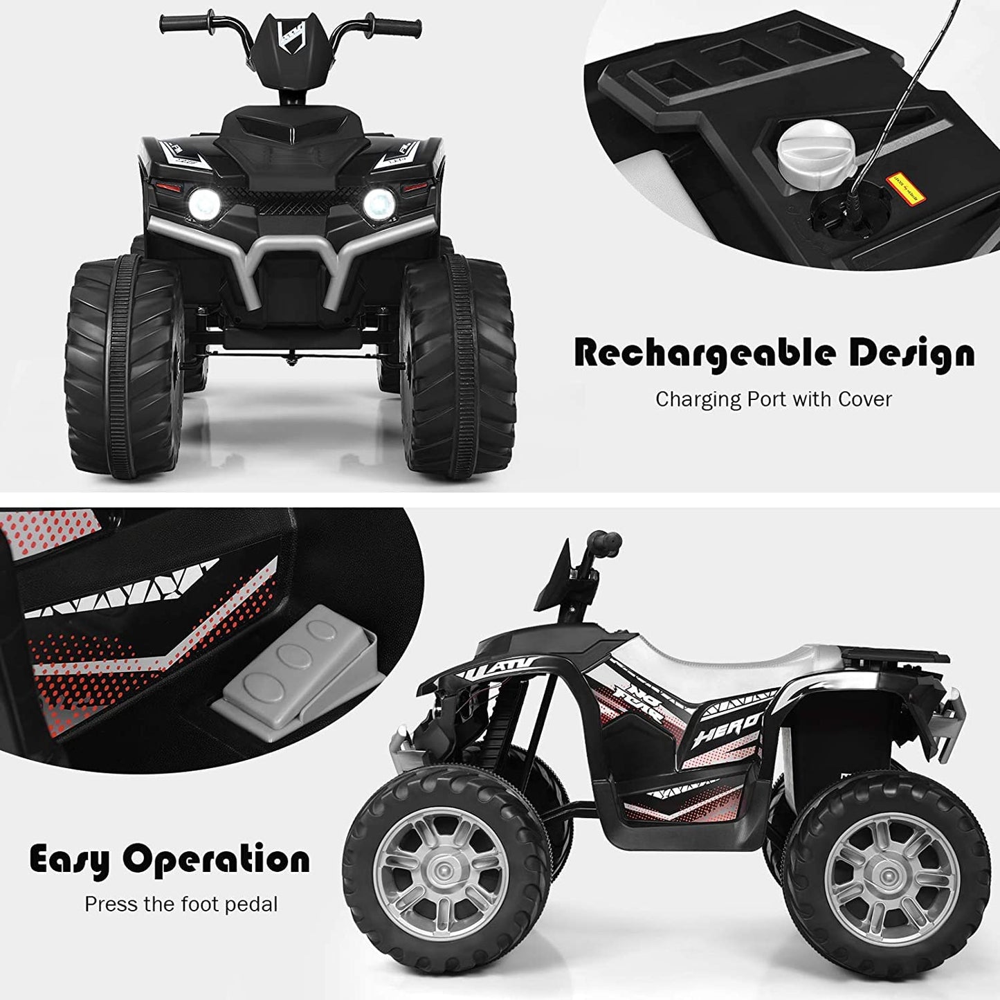Olakids 12V Kids Ride On Atv, 4 Wheeler Electric Vehicle For Toddlers, Battery Powered Motorized Quad Toy Car For Boys Girls With Led Lights, Music, Horn, High Low Speed, Soft Start (Black)