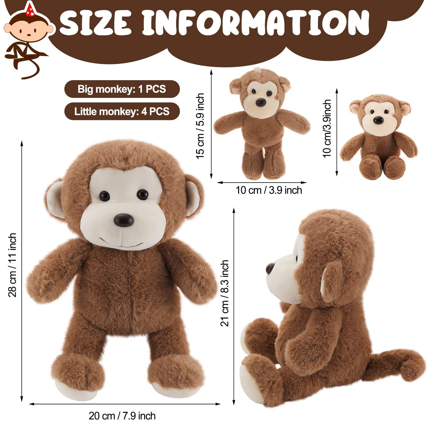 Lewtemi 5 Pcs Monkey Stuffed Animals Large Monkey Plush Toy With 4 Cute Plush Baby Monkeys Soft Stuffed Monkey Plush Toy Cuddly