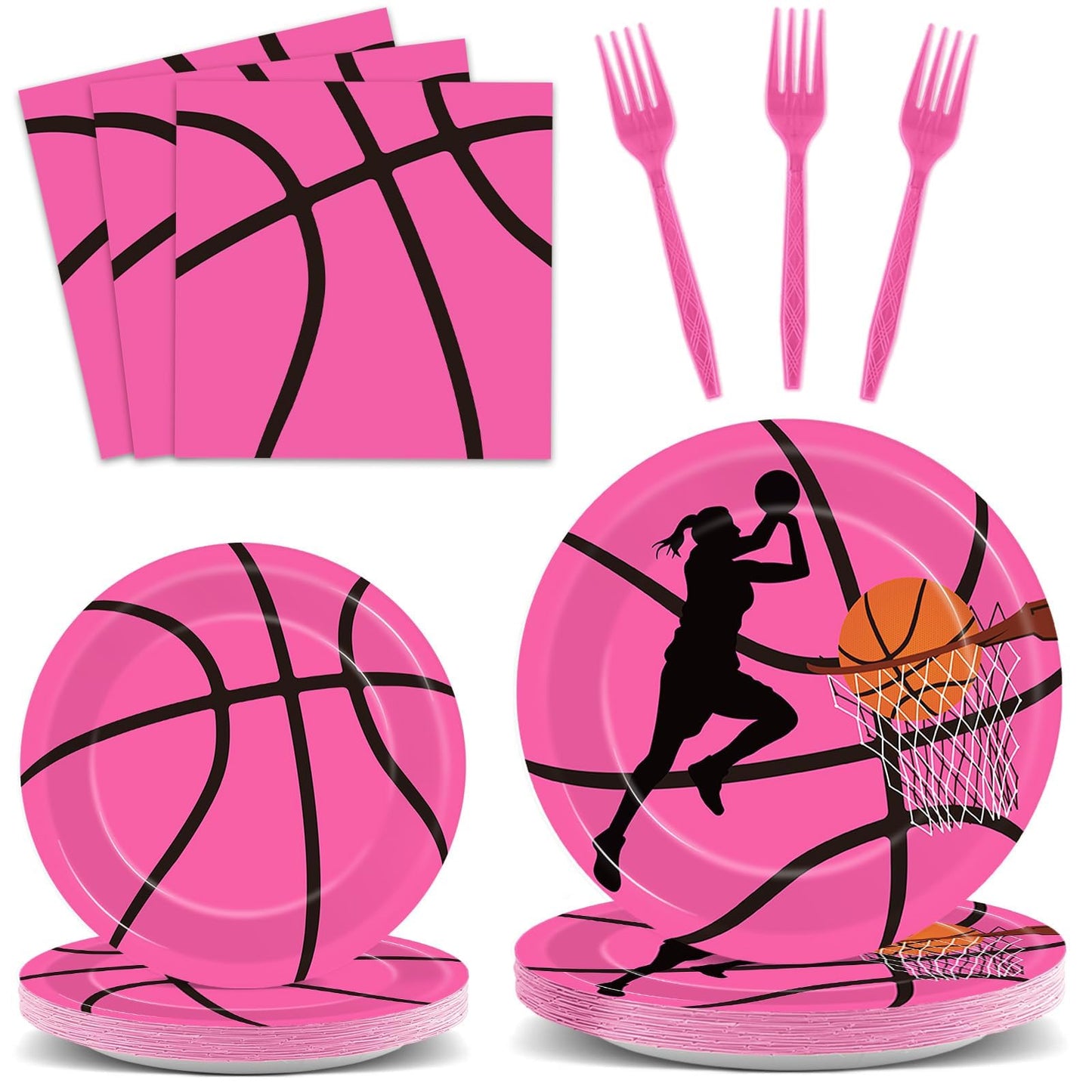 Gisgfim 96 Pcs Pink Basketball Party Supplies Paper Plates Napkins Basketball Sport Theme Birthday Party Tableware Decorations F
