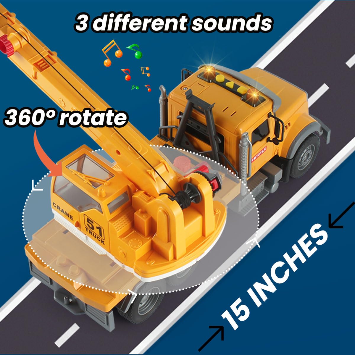 Wenbeier Construction Crane Truck Toys with Long Extendable Boom, 15'' Heavy Truck with Sound and Light for Kids Toddler Childre