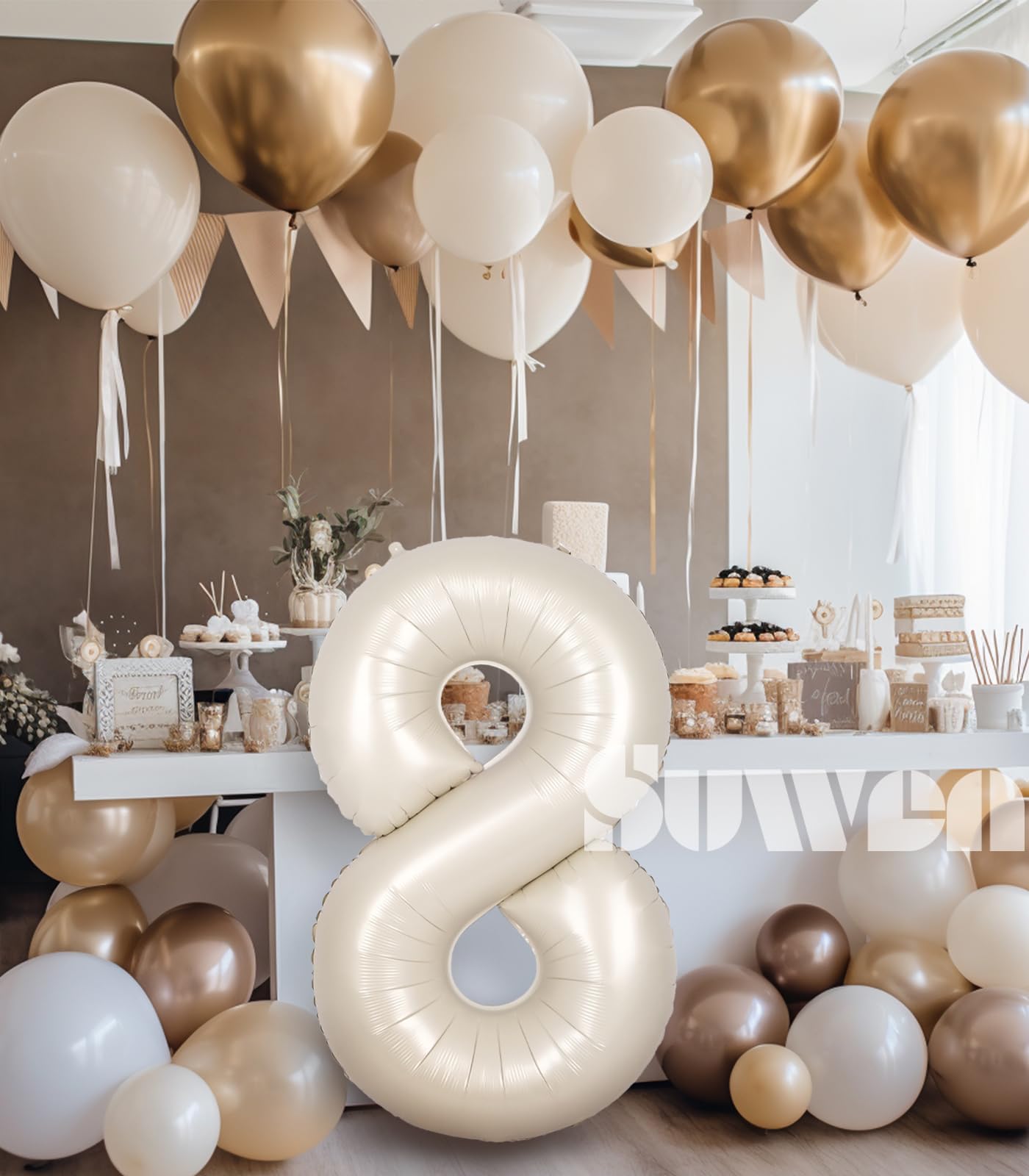 Suwen 40 Inch Cream White Number Balloon 8, Safe Material, Jumbo Mylar Birthday Party Decorations For Boy Or Girl Anniversary Pa