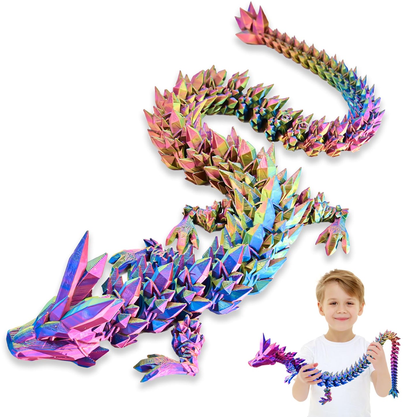 Locyfens Large 30'' 3D Printed Dragon, Articulated 3D Dragon Toys, Long Crystal Dragon Rainbow Red Yellow Blue