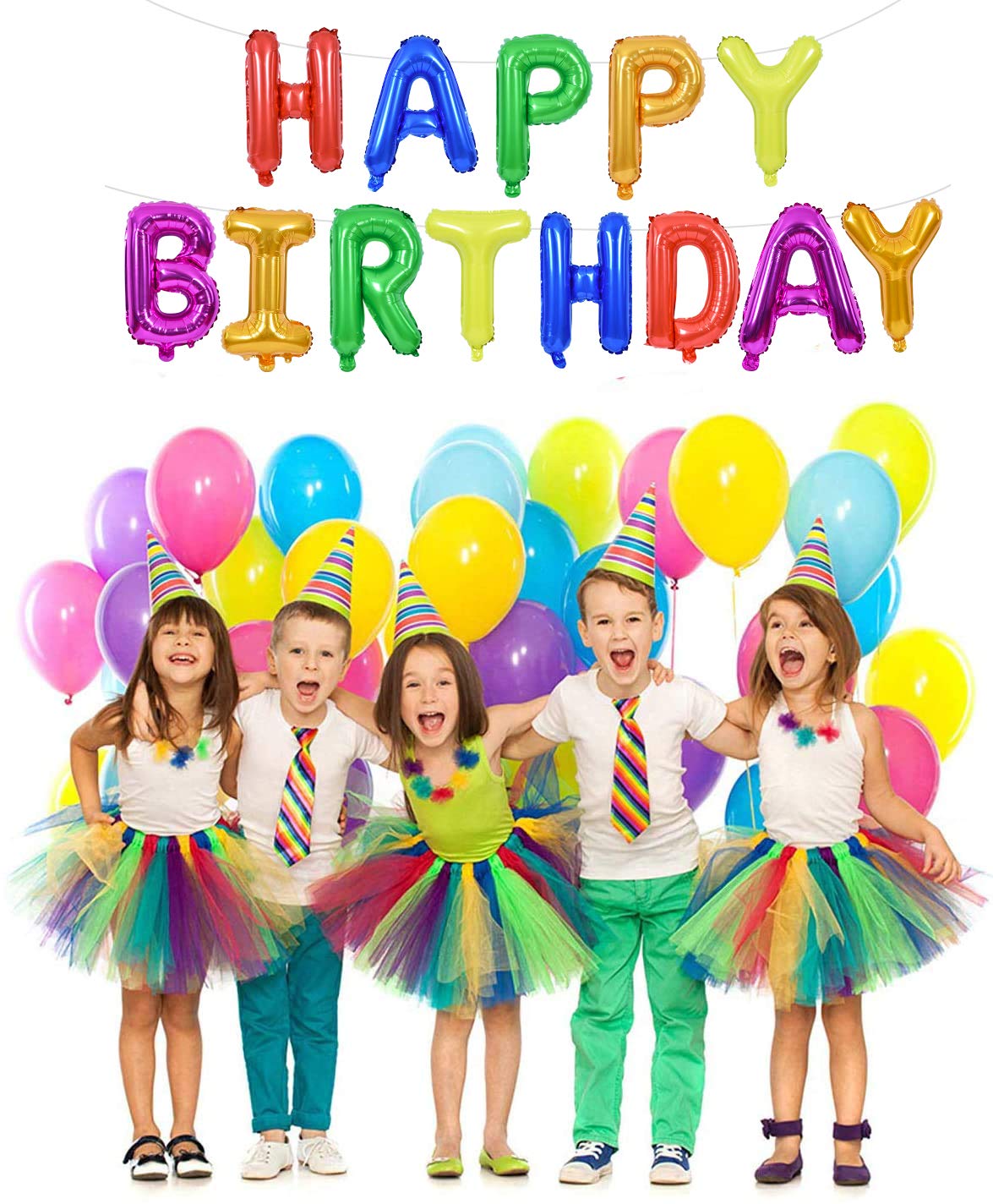 TONIFUL 7 Color Rainbow Happy Birthday Balloons Banner, 16 Inches Colorful Mylar Foil Letter Sign Balloons Banner Bunting for Gi
