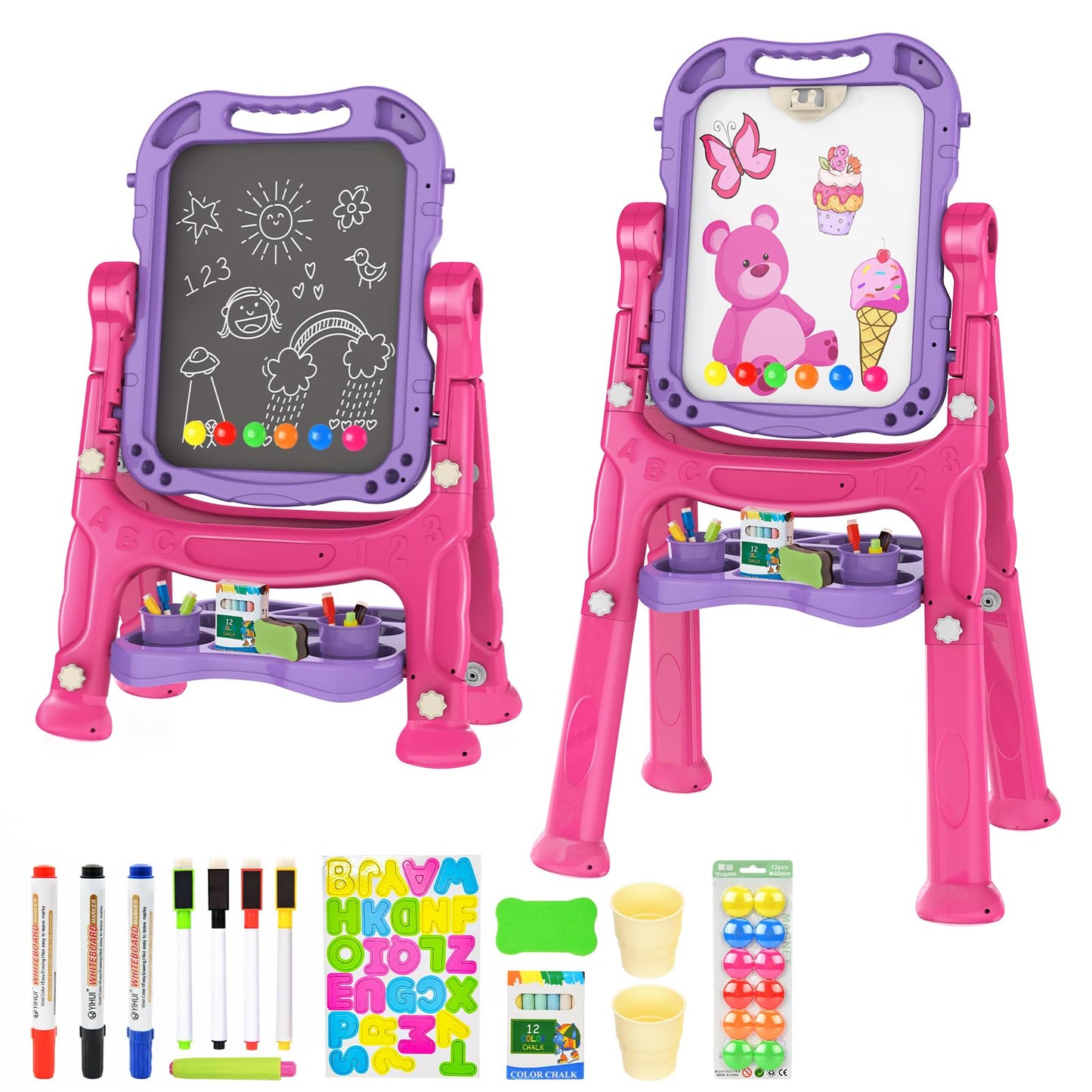 Amagoing Easel For Kids, Adjustable Standing Art Easel For Toddler, Double Drawing Board With Painting Accessories, Birthday Chr