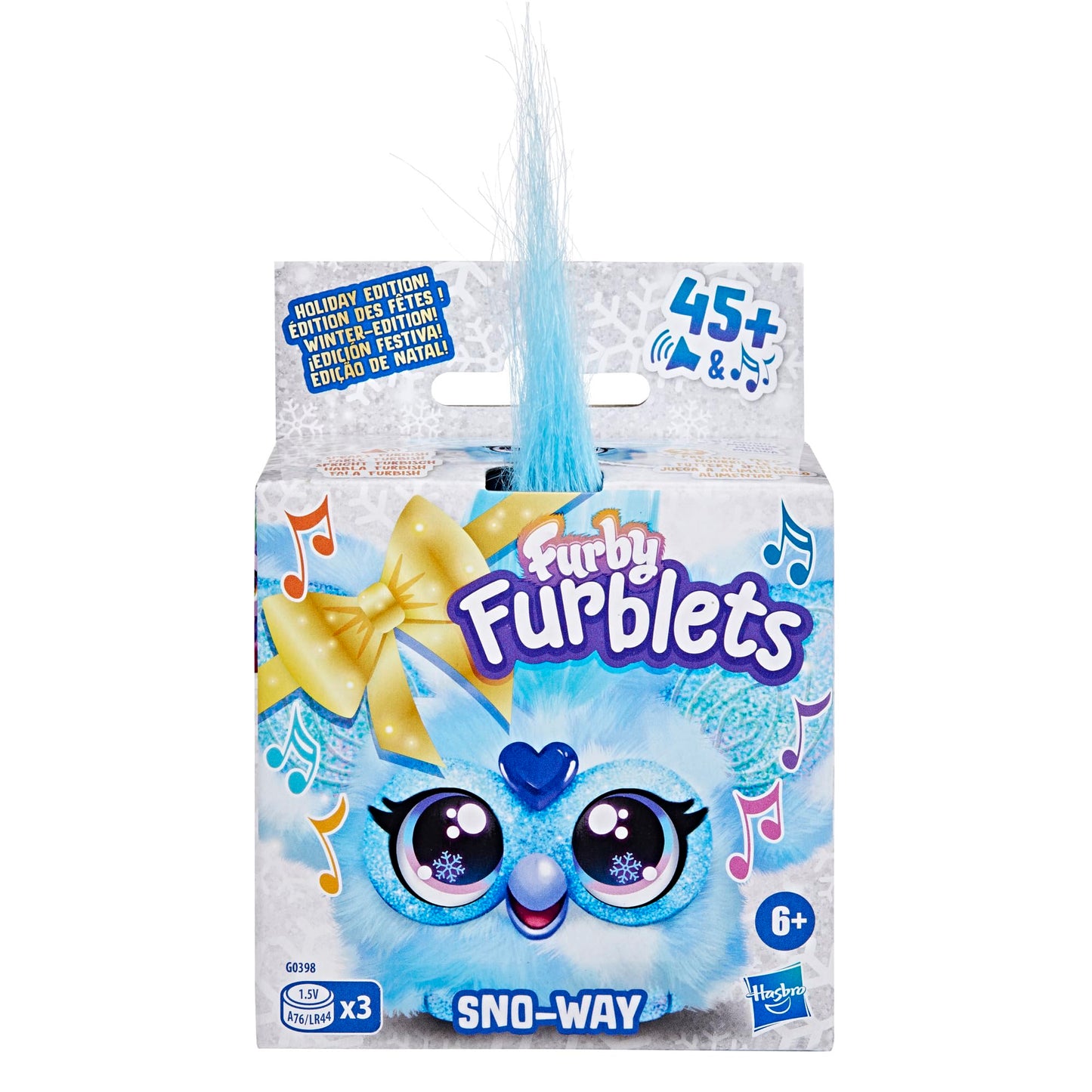 Furby Furblets Sno-Way Holiday Edition Mini Friend, 45+ Sounds, Holiday Music, Speaks Only Furbish, Electronic Plush Toys For Girls & Boys, Interactive Pets, Blue & White, 6+