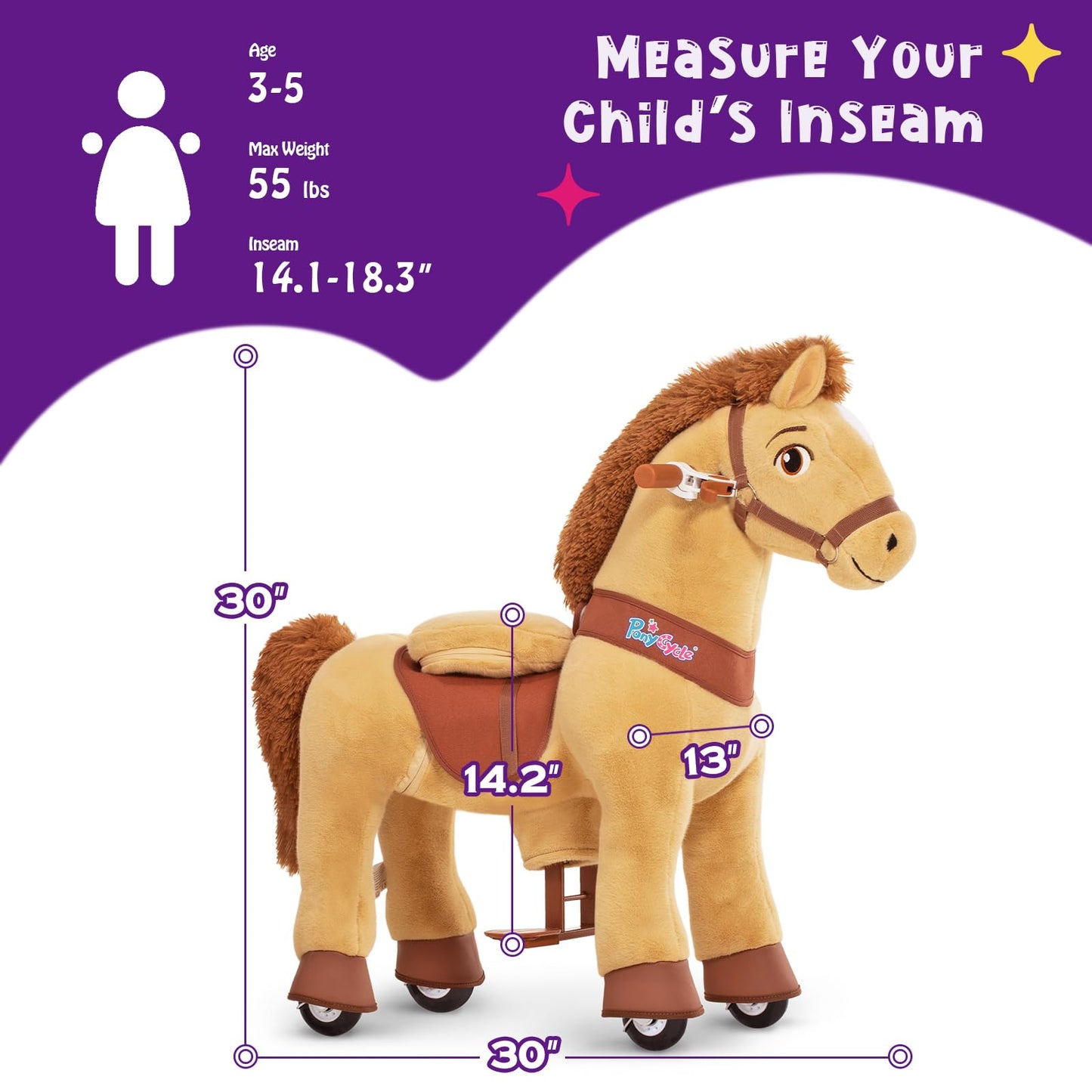 Ponycycle Kids Ride On Horse Toys Plush Interactive Riding Horse Ride For Toddlers 3-5 Walking Rocking Horse With Wheels, No Battery Or Electricity, Giddy Up Riding Toys Light Brown E336