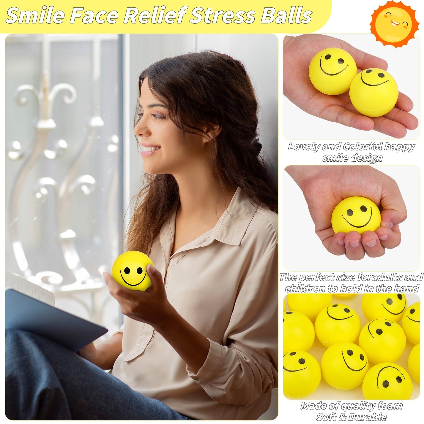 96 Pack Smile Face Stress Balls Bulk 2 Inch Funny Face Stress Relief Balls Yellow Mini Squeeze Balls Foam Smile Face Toys For Fi