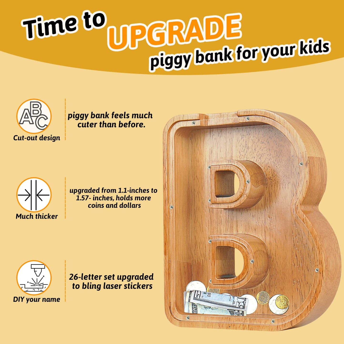 Piggy Bank For Kids Boys Girls, Large Personalized Wooden Letter Piggy Bank With Cut-Out Design, Alphabet Letter Coin Banks, Money Savings Box, Wooden Bank For Kids Creative Gift For Real-Money(Q)