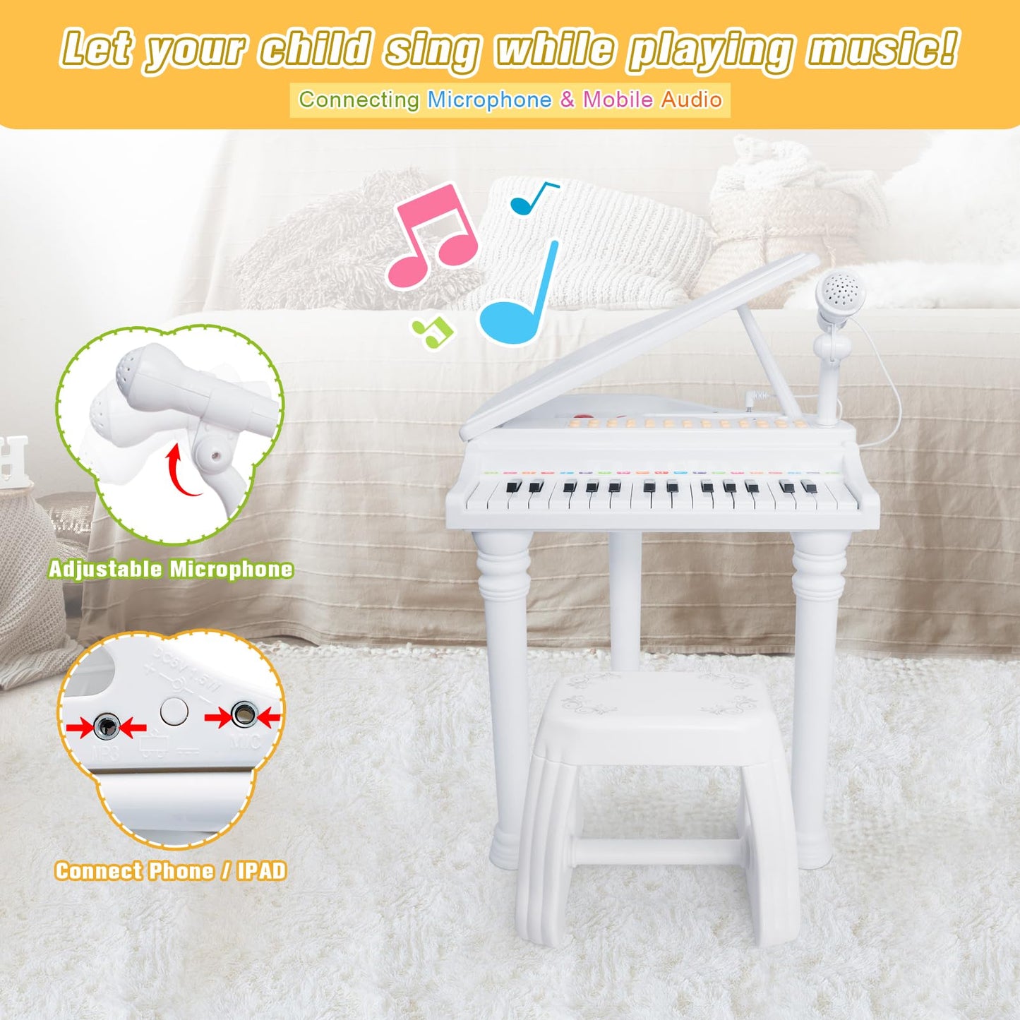 Love&Mini Piano Toy Keyboard White 31 Keys For Age 2+ Year Old Girls Boys Birthday Gifts, Kids Keyboard Toy Instruments White Piano With Microphone And Stool