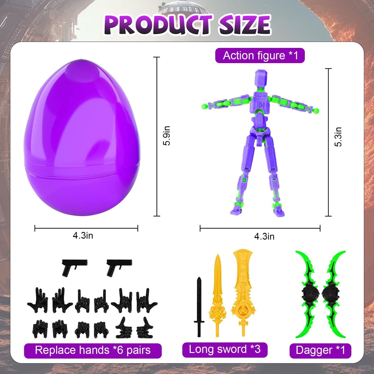Memogizz T13 Action Figure Set, Pre-Filled Easter Egg With 3D Printed Toy, Easter Basket Stuffers For Adults, 1Pack, Purplegreen