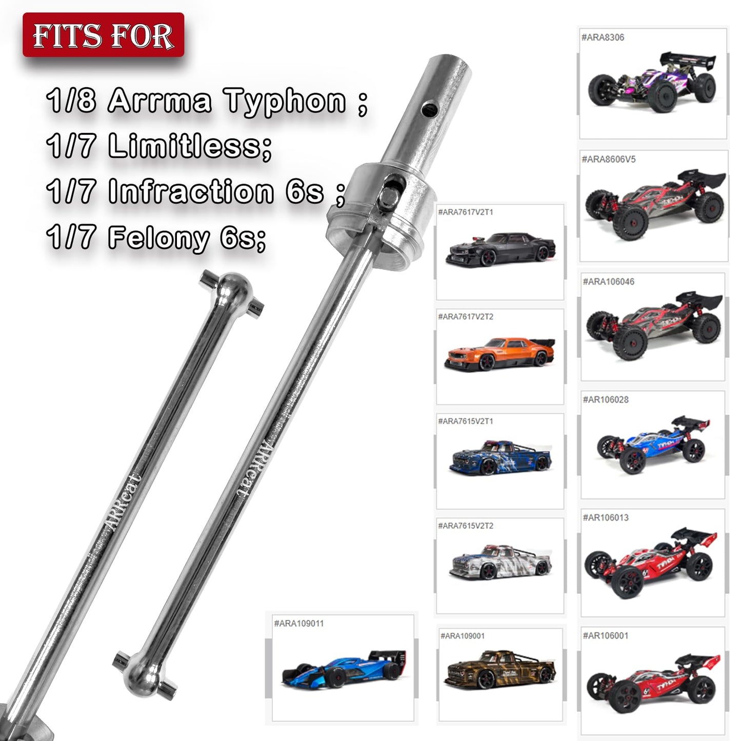 ARRCat Upgrades Part Drive Shaft for Arrma 1/8 Typhon 6s Blx,Infraction 6s Blx,Felony 6s Blx,Limitless Roller,4pcs Front Rear Dr