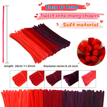 URSDIART 500pcs Pipe Cleaners Craft,7 Assorted Colors Red Pipe Cleaners for Crafts, Christmas Craft Pipe Cleaners, Chenille Stem