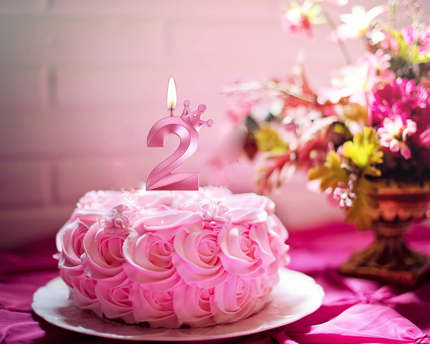 3.15 inch Pink 2 Birthday Candles,3D Crown Number 2 Cake Topper for Birthday Decorations