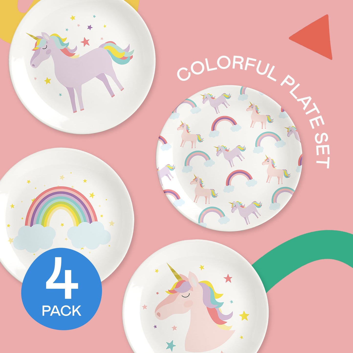 Tiny Expressions Unicorn Plates - 10 Set of 4 Reusable Melamine Party Plates with Rainbows, Stars & Whimsical Unicorns - Ideal f