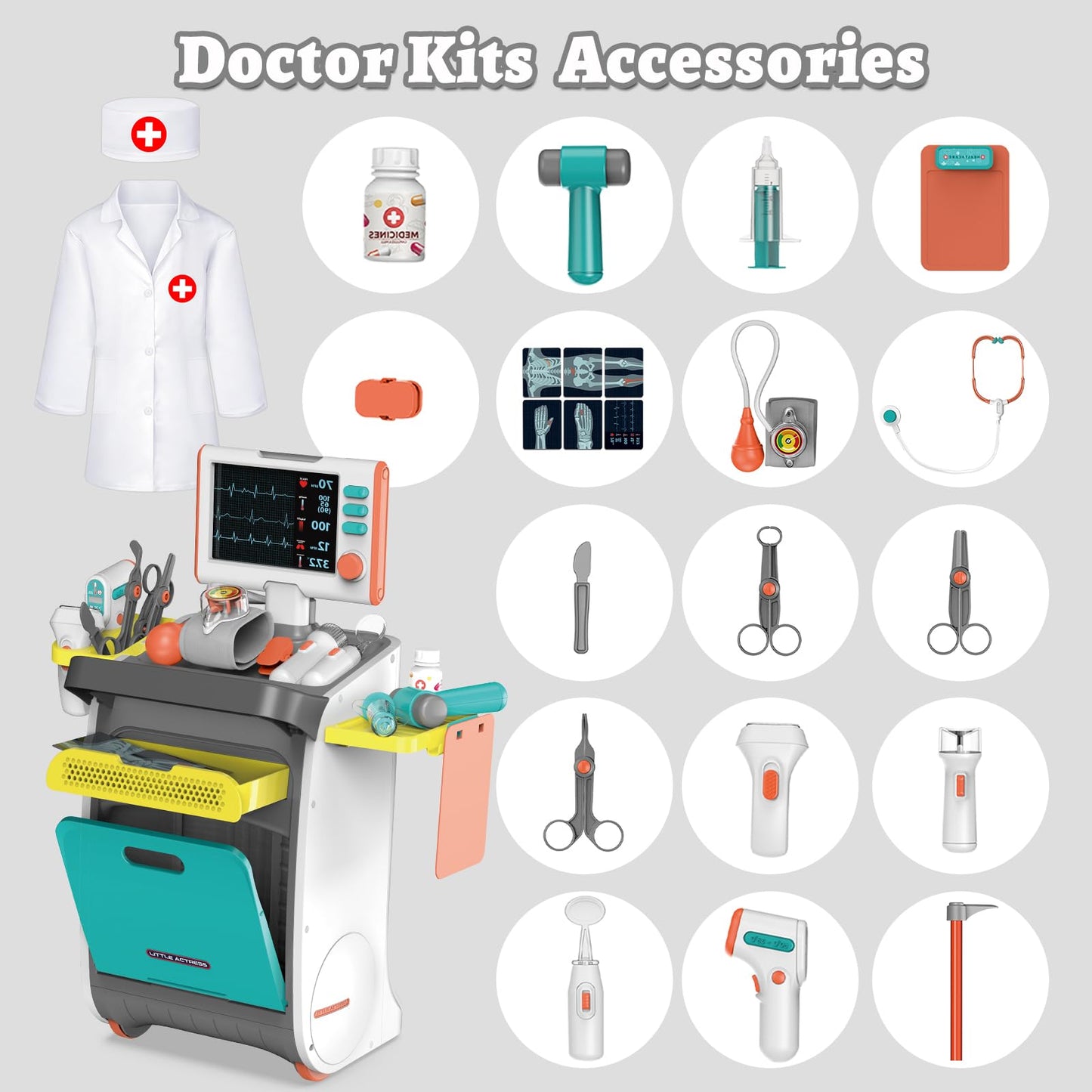 deAO Doctor Kit for Kids Aged 3- 5, Toddlers Pretend Doctor Playset Role Play Toys with Cart Costume Stethoscope and Thermometer