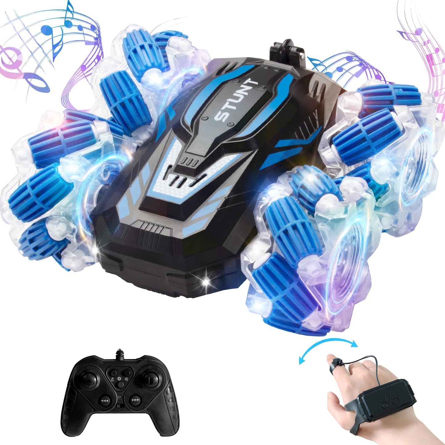 YEMIAI Remote Control Car, 2.4 Ghz 4WD Gesture Sensing RC Stunt Car, Double Sided 360 flip, with Cool Lights and Music, Birthday