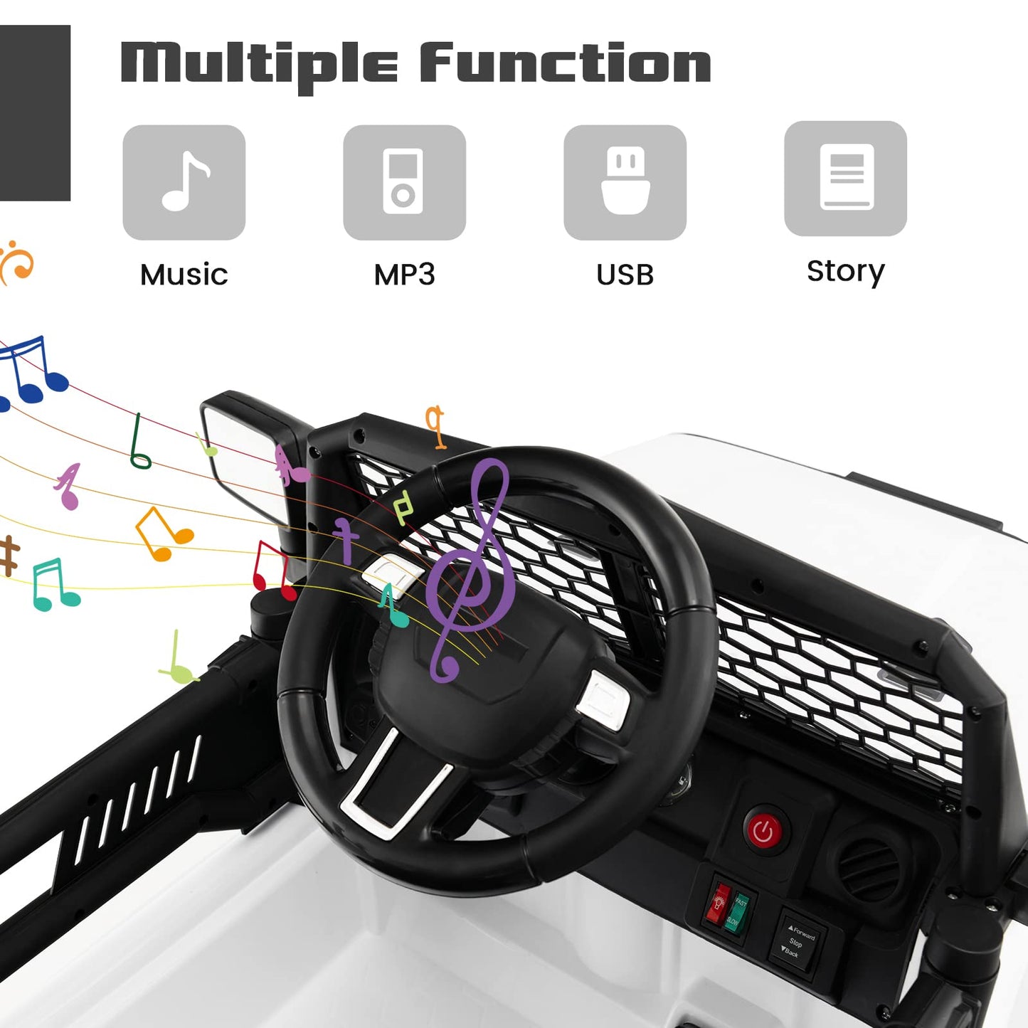 Olakids Kids Ride On Truck, 12V Electric Vehicle Jeep Car With Remote Control, Toddlers Battery Powered Toy With 2 Speeds, Spring Suspension, Double Open Doors, Led Lights, Music, Tf, Usb, Mp3 (White)
