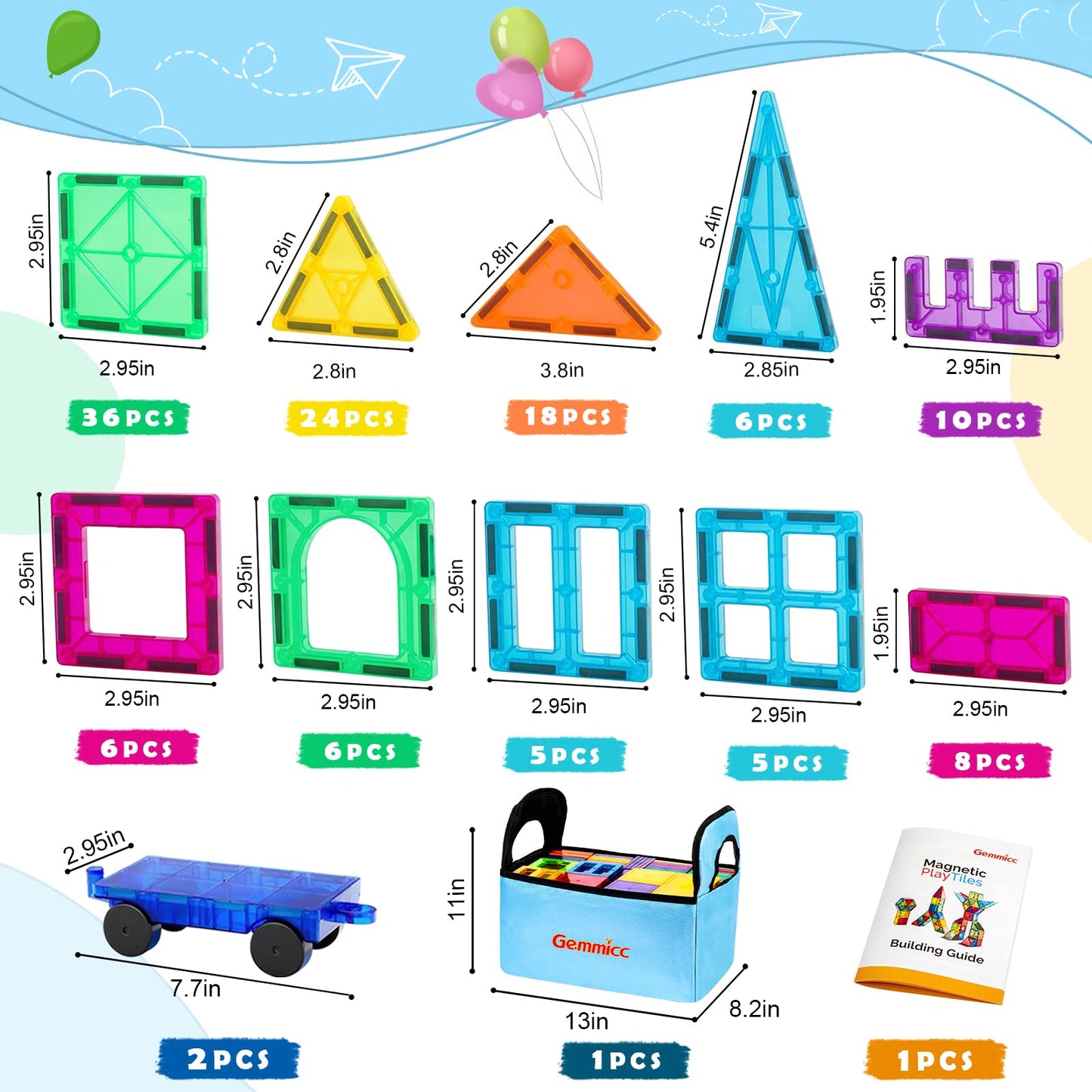 Gemmicc Magnetic Tiles, 126 Pcs + Storage Case, Stem Building Blocks Magnet Toys For Kids,Educational Building Toy Stacking Blocks For Boys Girls,Huge Set With 2 Cars
