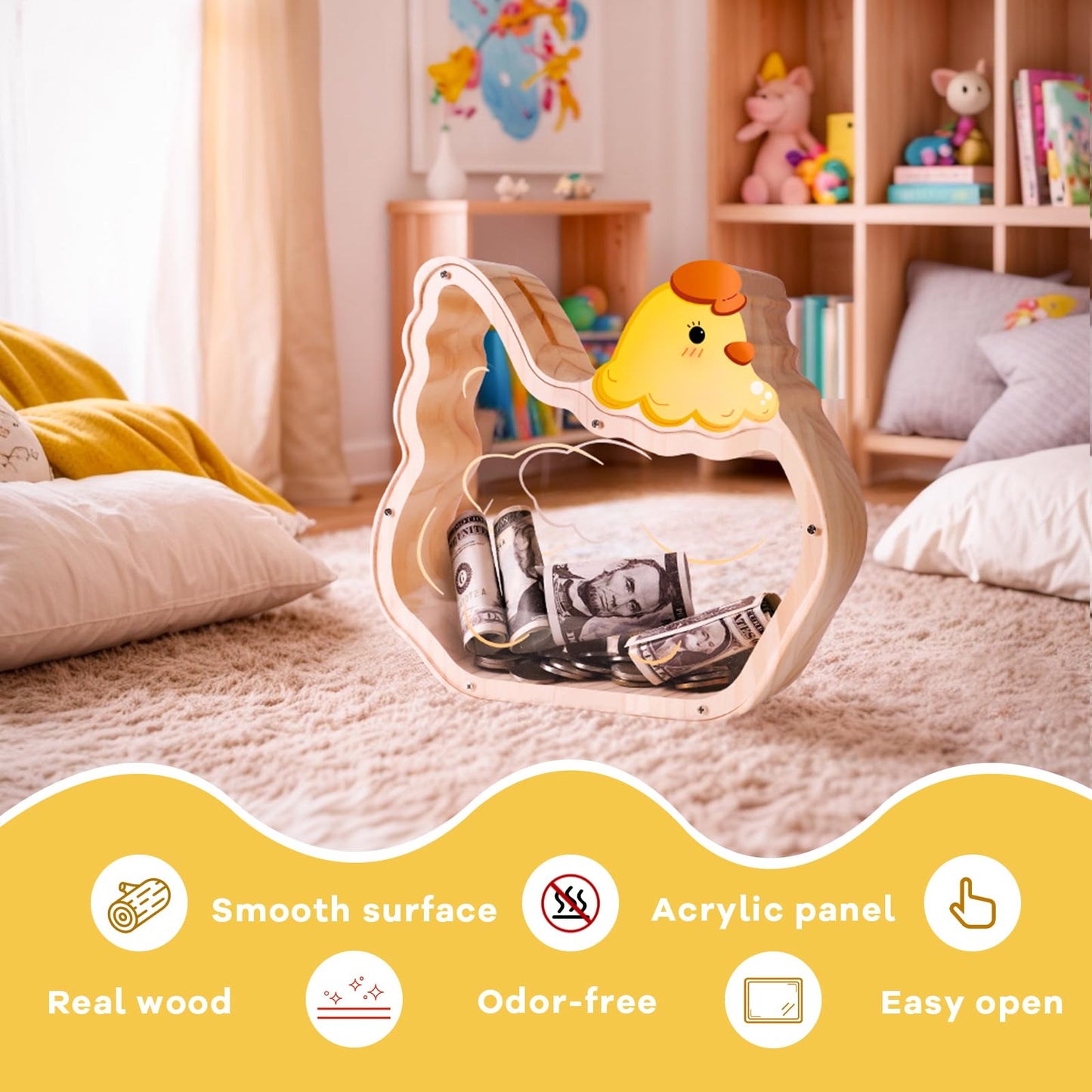 Wooden Chicken Piggy Banks For Kids, Unbreakable Pullet Coin Chicken Bank For Kids With Letter Sticker, Wooden Cashbox Money Jar