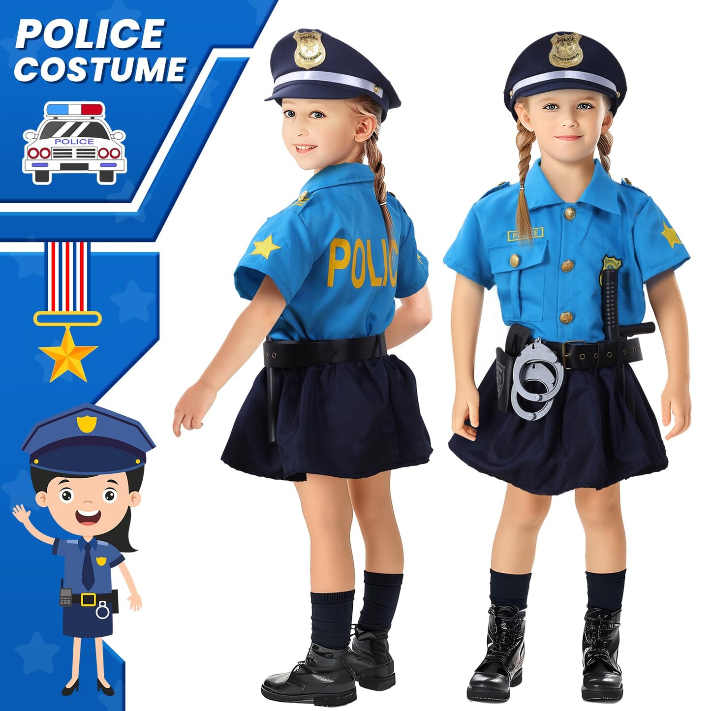 Skirfy 15PCS Police Officer Costumes for Girls,Police Costume for Kids Girls,Uniform with Toys for Cosplay Dress Up Halloween Pa