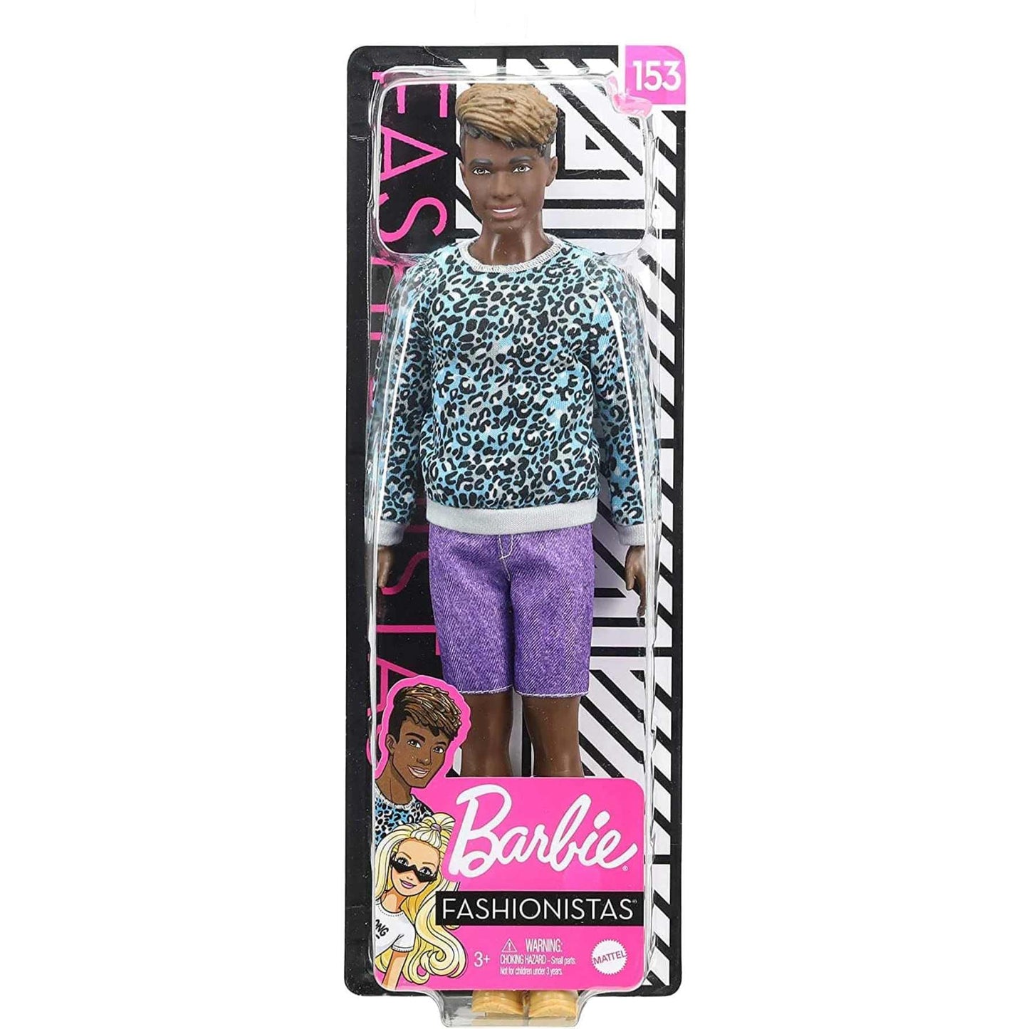 Barbie Ken Fashionistas Doll #153 With Sculpted Dreadlocks Wearing Blue Animal-Print Shirt, Purple Shorts & Boots, Toy For Kids
