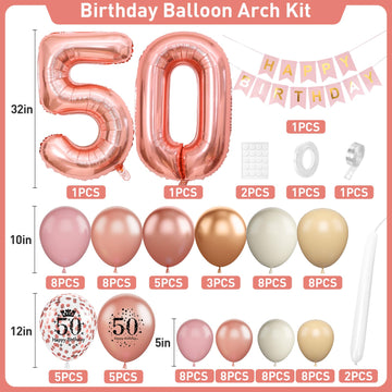 Dagelar Rose Gold 50th Birthday Decorations Kit - Balloon Arch, Number 50 Foil Balloons & Banner for Women’s 50th Party Celebration