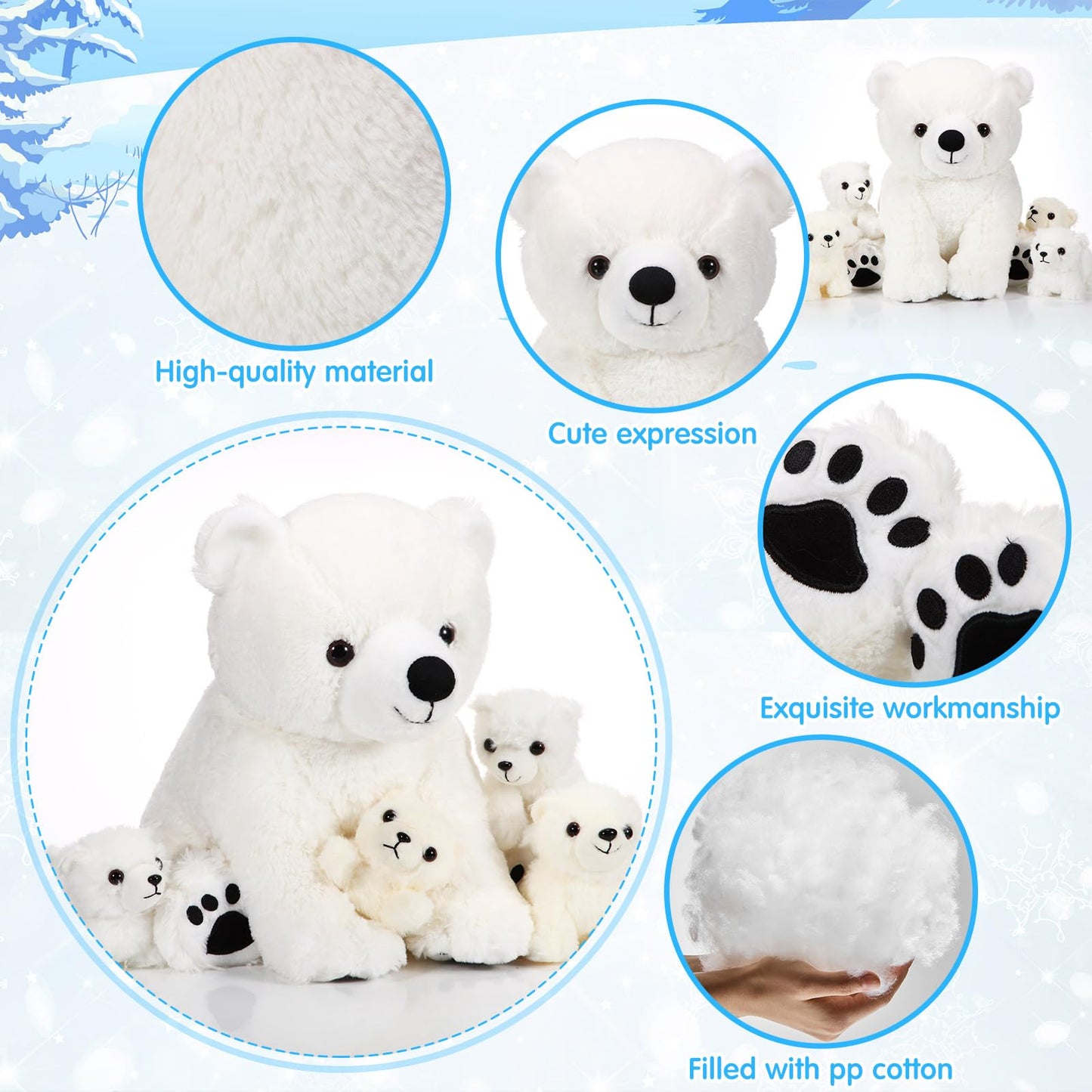 Leitee 5 Pcs Polar Bear Plush Set Large Mommy Polar Bear Stuffed Animal With 4 Cuddly Baby Plushies In Belly For Boys Girls Birthday Winter Holiday Decor Gifts(Sitting)