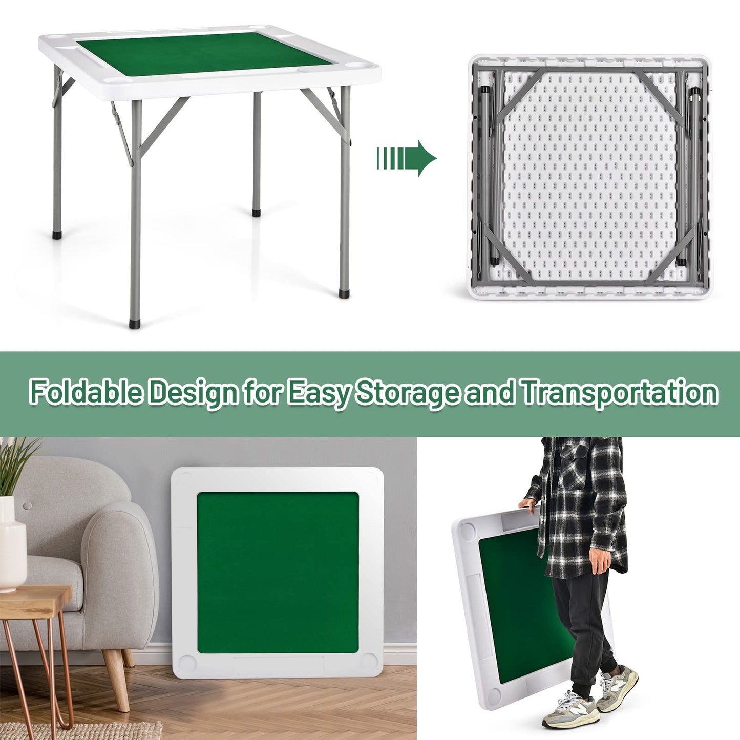Goplus Classic Foldable Mahjong Table, 35' Square Green, 4 Cup Holders & 4 Chip Grooves, Foldable For Adults Domino Game, Camping