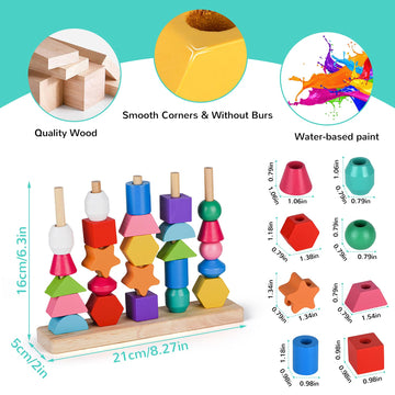 Montessori Bead Sequencing Toy Set, Wooden Stacking Blocks & Lacing Beads & Matching Shape Colors Stacker, Montessori Toys for 2