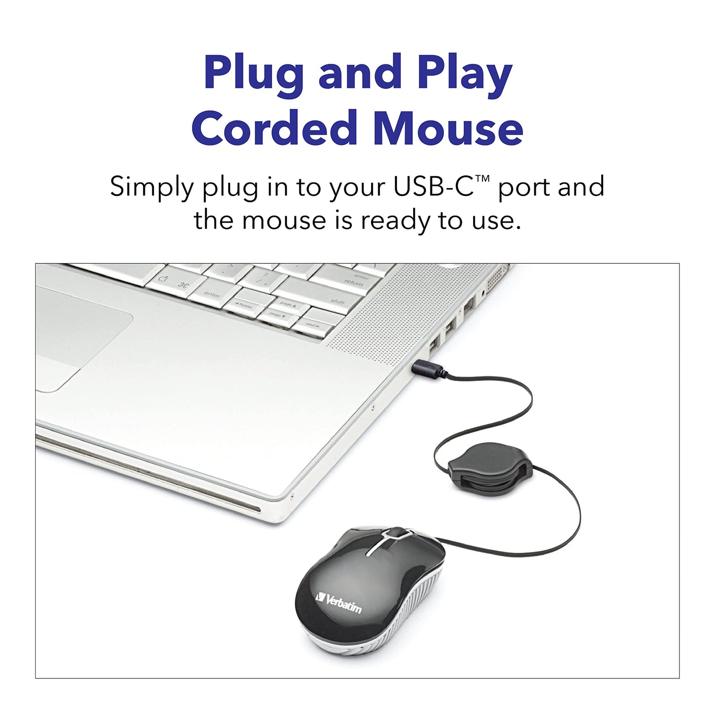 Verbatim Wired Optical Usb-C Mini Mouse - Plug & Play Corded Small Travel Mouse - Blue 70746