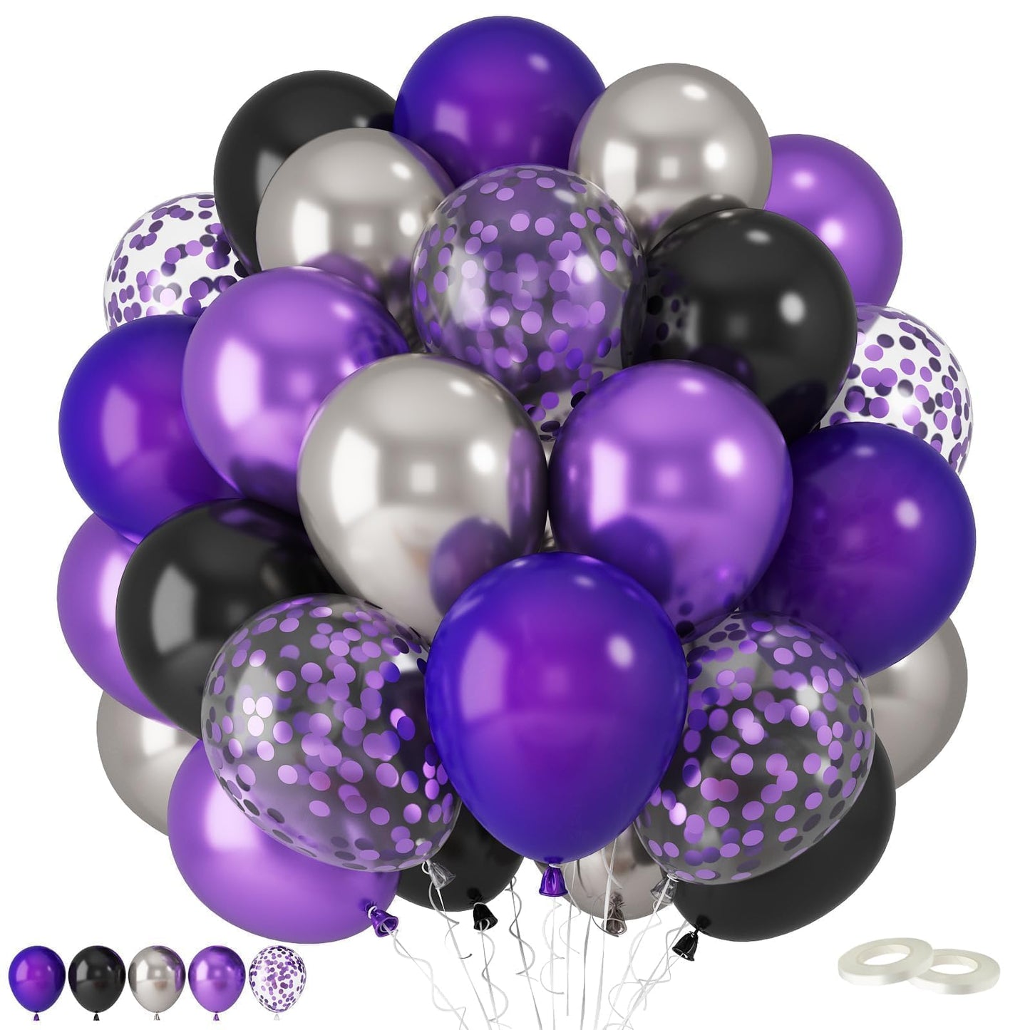 Halloween Balloons,Purple And Black Balloons,60 Pcs 12 Inches Metallic Purple Metallic Silver Matte Black Purple Matte Black Bal