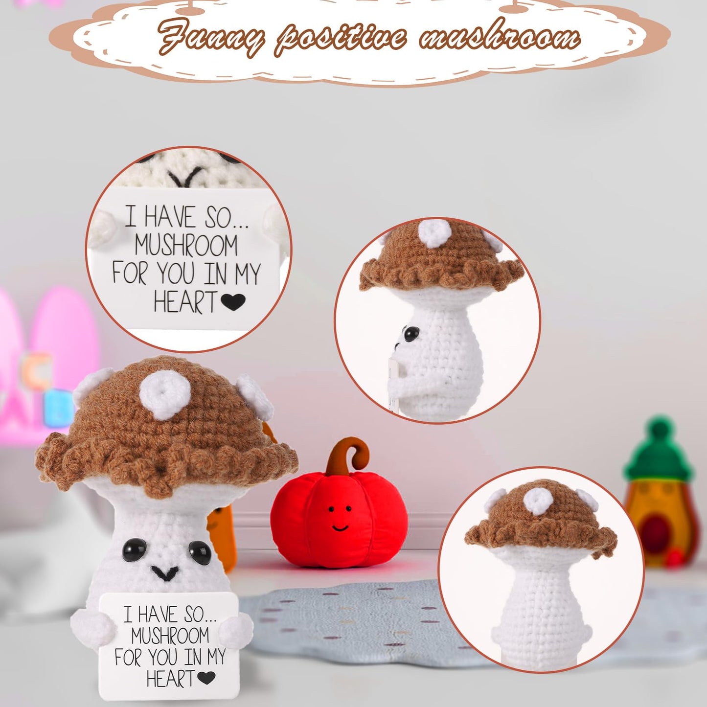 Funny Positive Mushroom, 3.94In Creative Cute Plush Knitted Wool Mushroom Doll With Inspirational Card Mushroom Crochet Encouragement Gift For Kids Teens Birthday Party Decoration