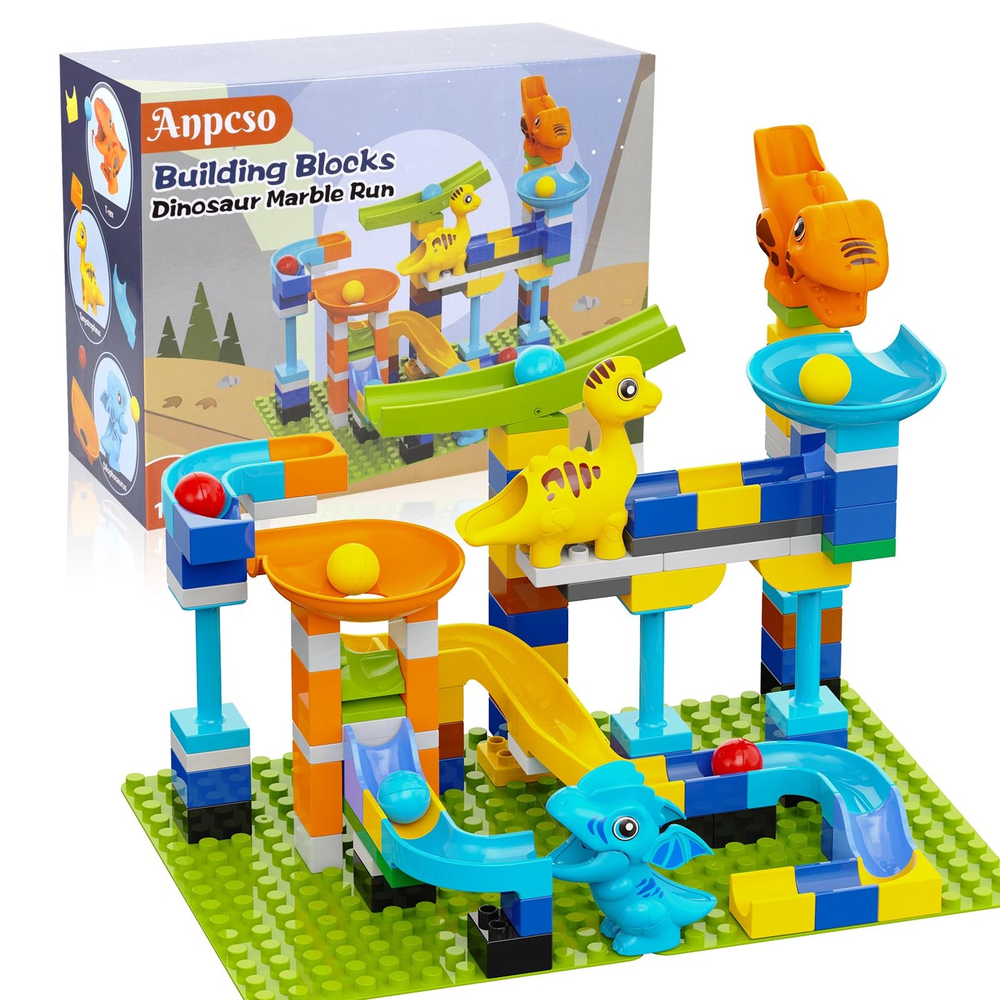 Anpcso Marble Run Building Blocks, Dinosaurs Marble Track Toy Classic Large Bricks for 3 4 5 6 7 + Year Old Boys Girls Kids, Bri