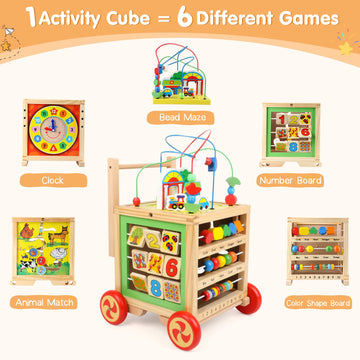Wooden Activity Cube 6 In 1 Montessori Toys Educational Learning Sensory Toys For 1 Year Old 12-18 Months Boys Girls First Birthday Gifts For Baby Toddler Toys Age 1-2 Bead Maze Shape Sorter Abacus