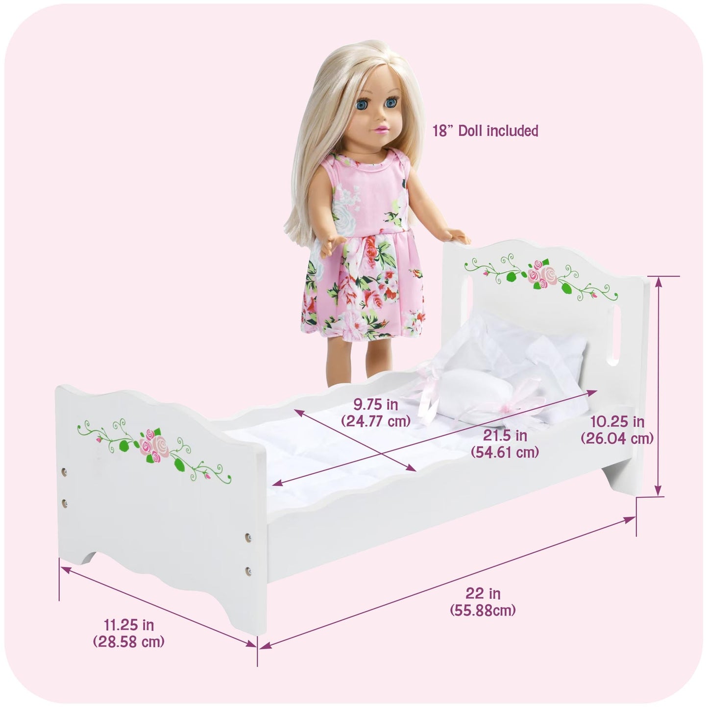 Badger Basket Doll Bed Plus 18 Inch Doll, Includes Bedding And Personalization Kit, White Rose
