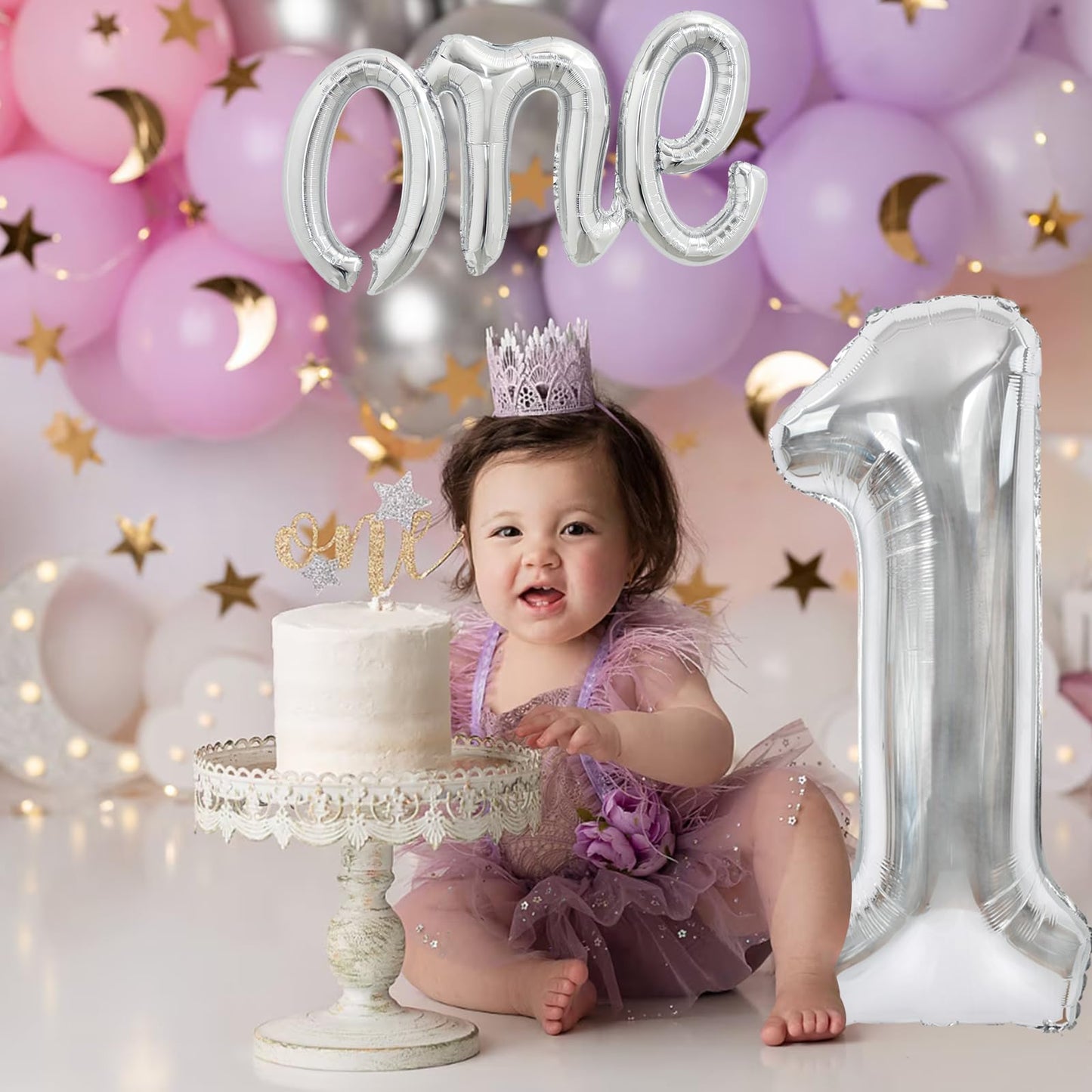 Toniful 40 Inch Giant Silver Number 1 Balloon,Mylar Foil Script Cursive Letter 1 Balloon Banner For Boys Girls Kids First Birthd