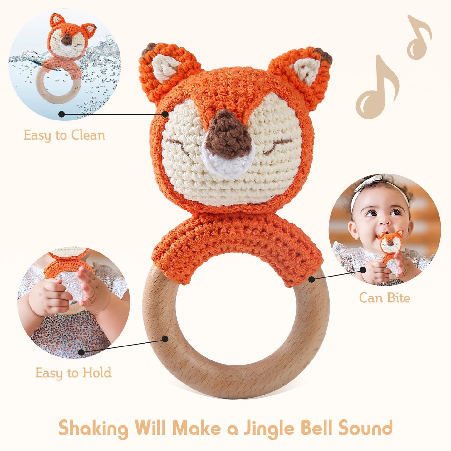 Wooden Baby Rattle Crochet Fox Baby Toys Handmade Newborn Toy Early Development Grips Stuffed Animal Organic Rattle