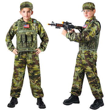 Metemot Kids Army Costume - Military Soldier Outfit with Camouflage Vest & Army Toys, Size M (6-8y), Boys Halloween Dress Up, Green Camo