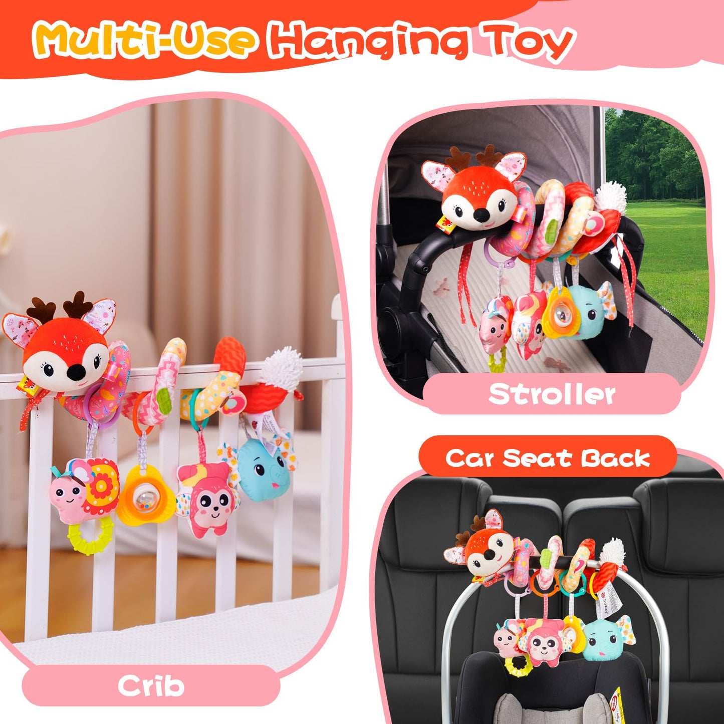 Car Seat Toys, Cute Deer Car Seat Toys For Babies 0-6 Months Boy, Stroller Toys With Crinkle, Teether, Music Box, Rattle, Bb Squ