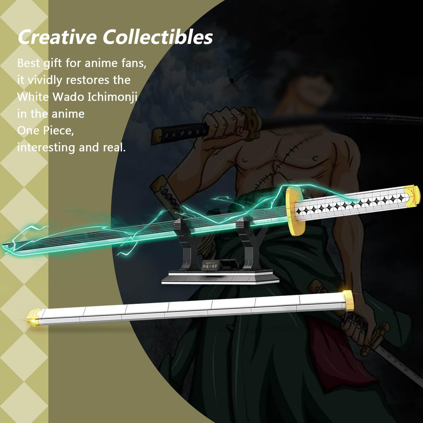 HIGH GODO Anime Cosplay decorative replica blades Building Set 806 Piece One White Ichimonji Yamato decorative replica blade 39IN Roronoa Zoro Katana with Scabbard and Bracket for mature-themeds and Kid 8+ (Luminous)