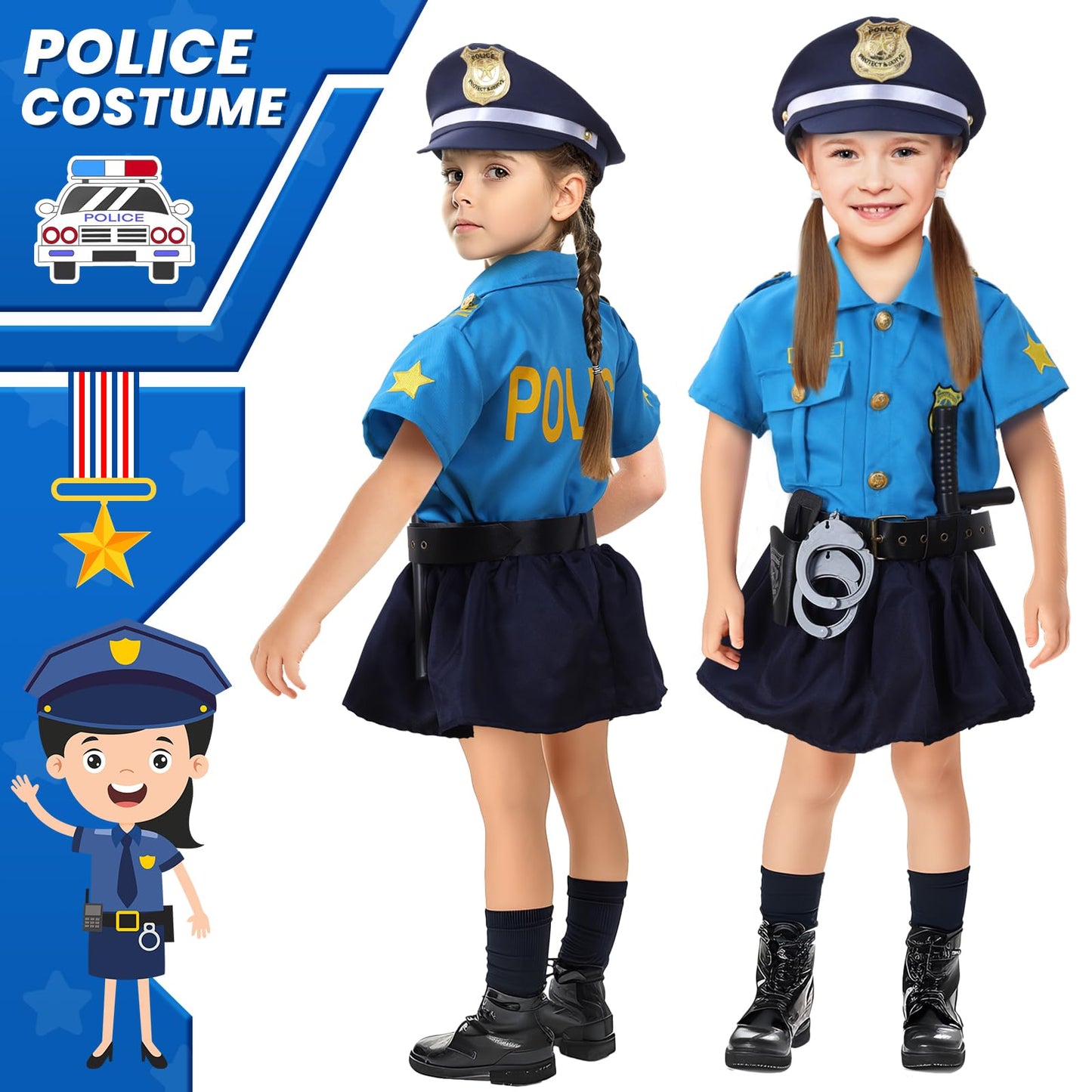 Skirfy 15Pcs Police Costume For Girls,Police Officer Costume For Kids Girls,Girls Police Costume For Kids 4-6,Police Uniform Wit