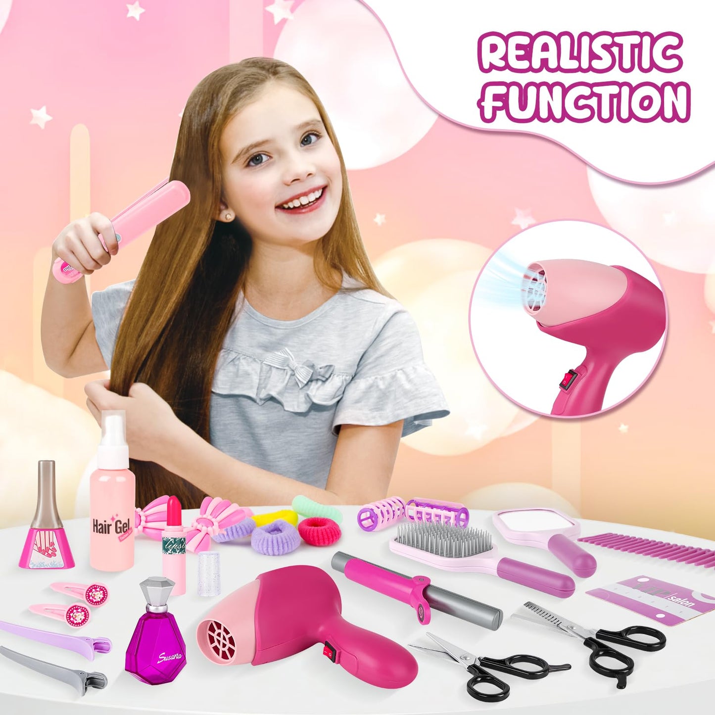 deAO Girls Beauty Salon Set, 32PCS Kids Beauty Salon Toy Kit,Pretend Play Hair Stylist Toy Kit with Hairdryer, Barber Costume Ap