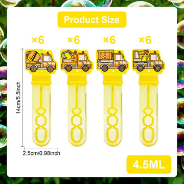 24 Pack Construction Truck Bubble Wands For Kids - Large Cartoon Excavator Bubbles Bulk With Refill Solution Toys For Carnival,